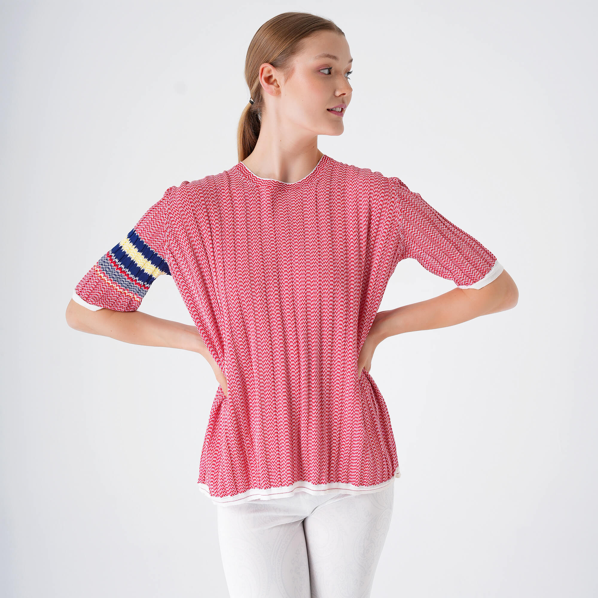 Celine - Red & White Striped Zigzag Viscose T-shirt